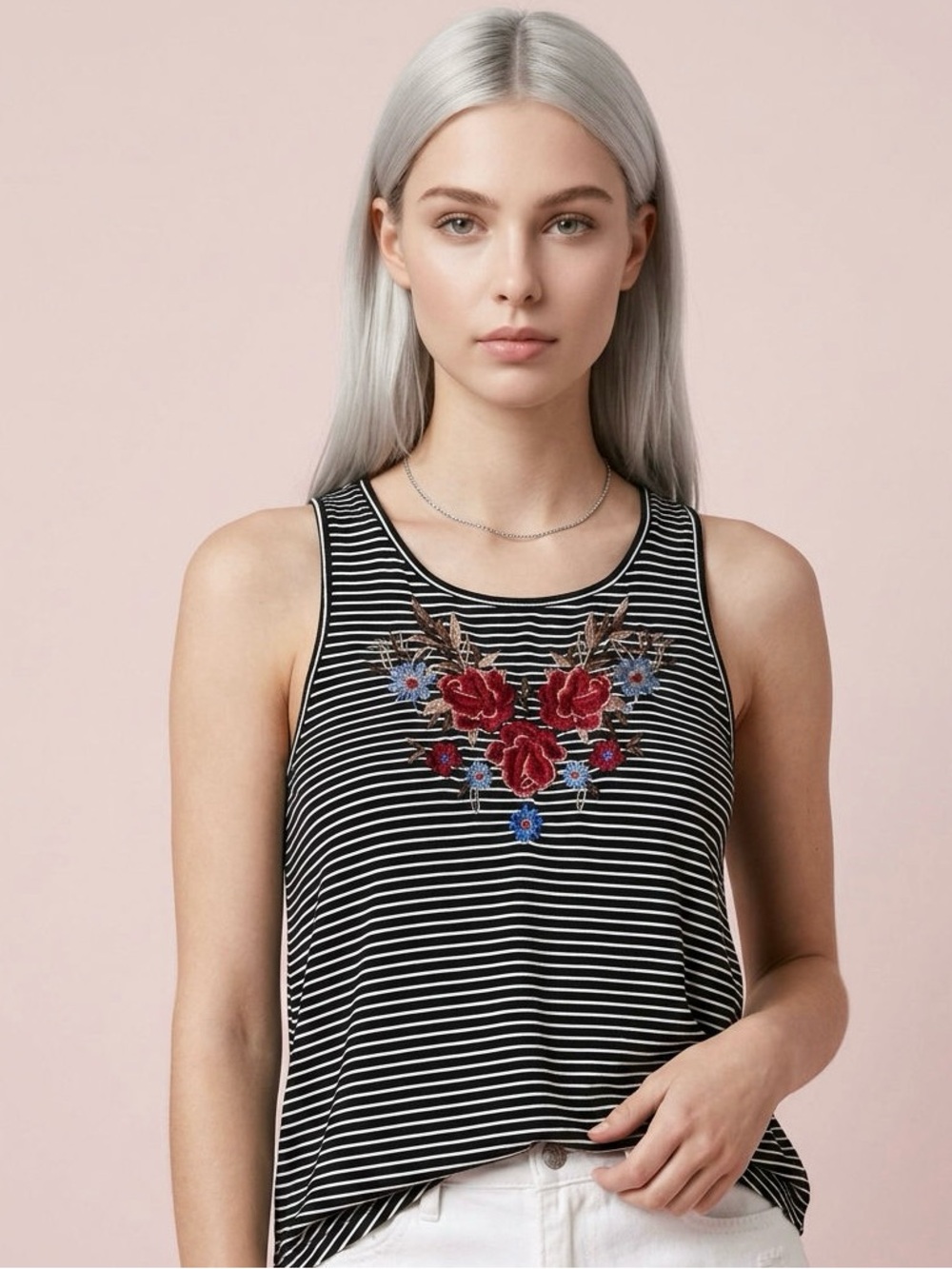American Eagle Outfitters Black White Striped Tank Top Red Floral Embroidery-M